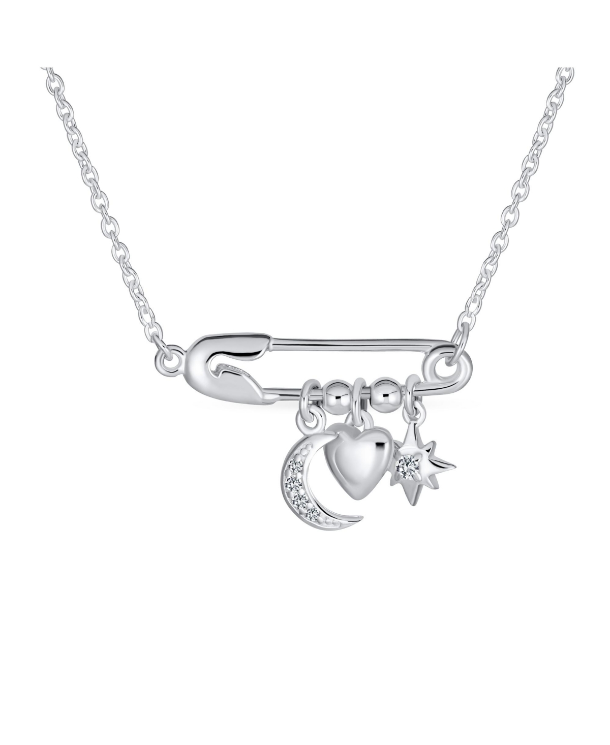 Support Symbol Cz Accent Moon Heart Star Charms Sideways Celestial Safety Pin Necklace Pendant Sterling Silver - Silver