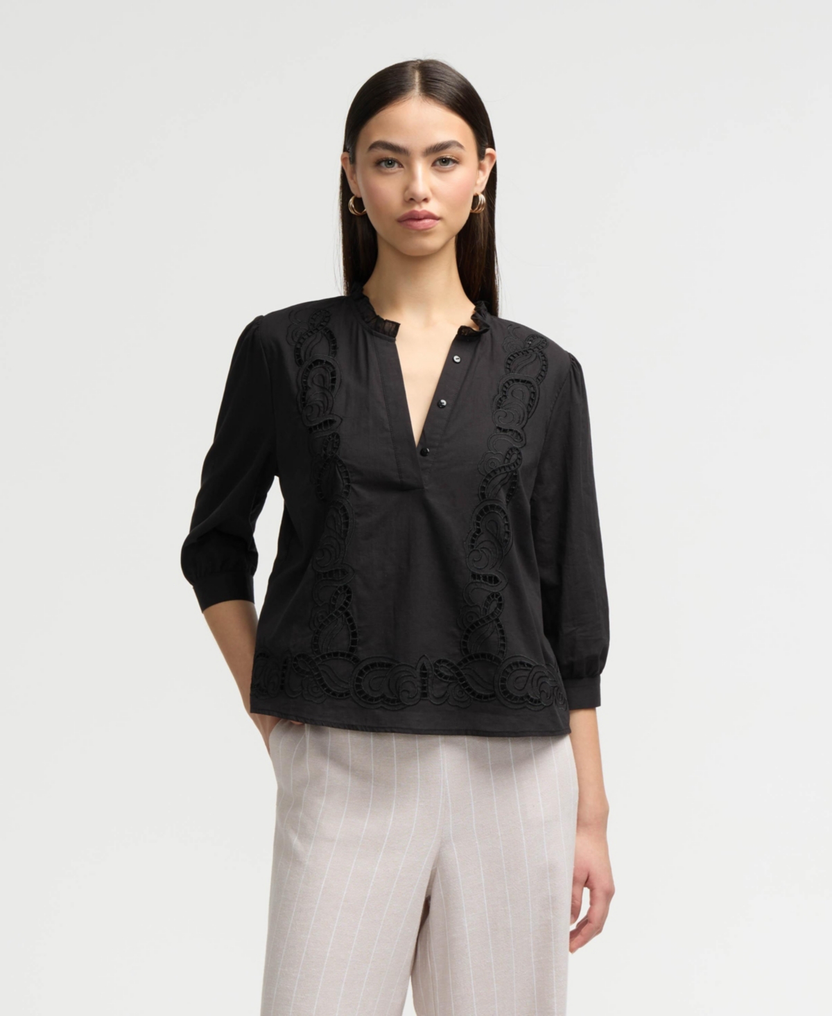 Women s Embroidered Trim Top - Black