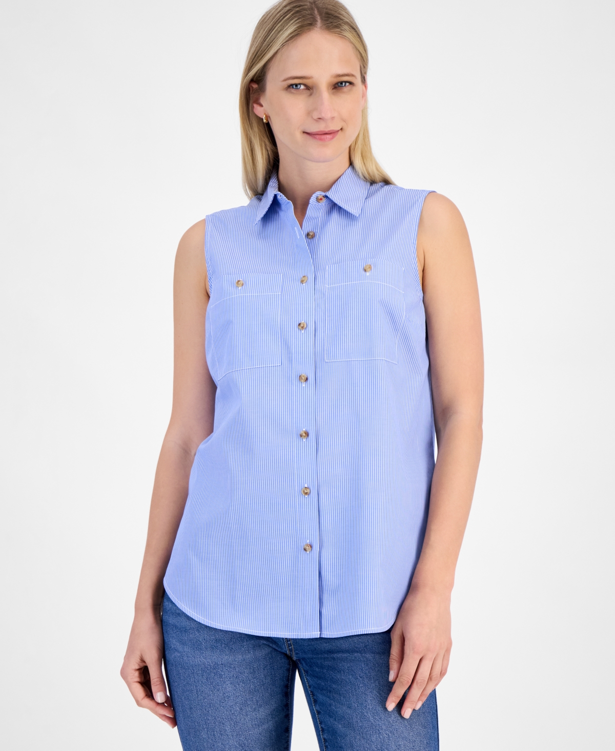 Women's Newport Cotton Sleeveless Shirt - Blue/ White