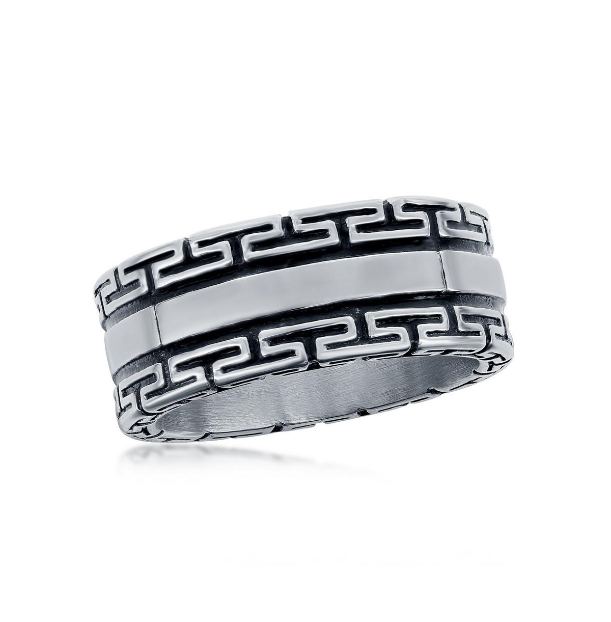 Stainless Steel Oxidized Greek Key Ring - Oxidized