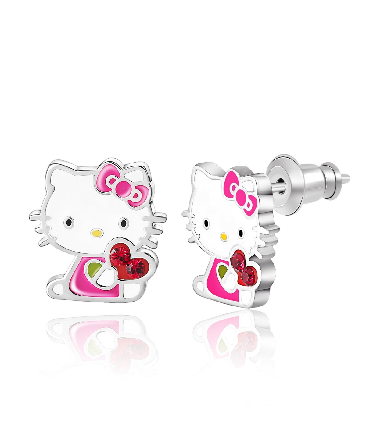Sanrio Hello Kitty Silver Plated Crystal Enamel Hello Kitty Heart Stud Earrings, Officially Licensed Authentic - Dark red