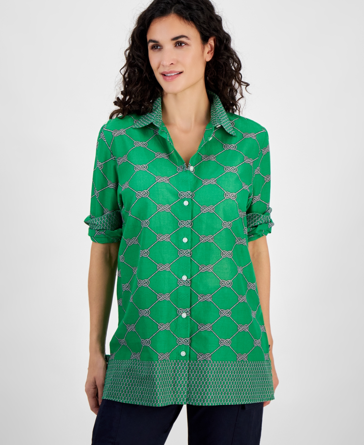 Women's Cotton Rope-Print Button-Front Shirt - Fern Multi