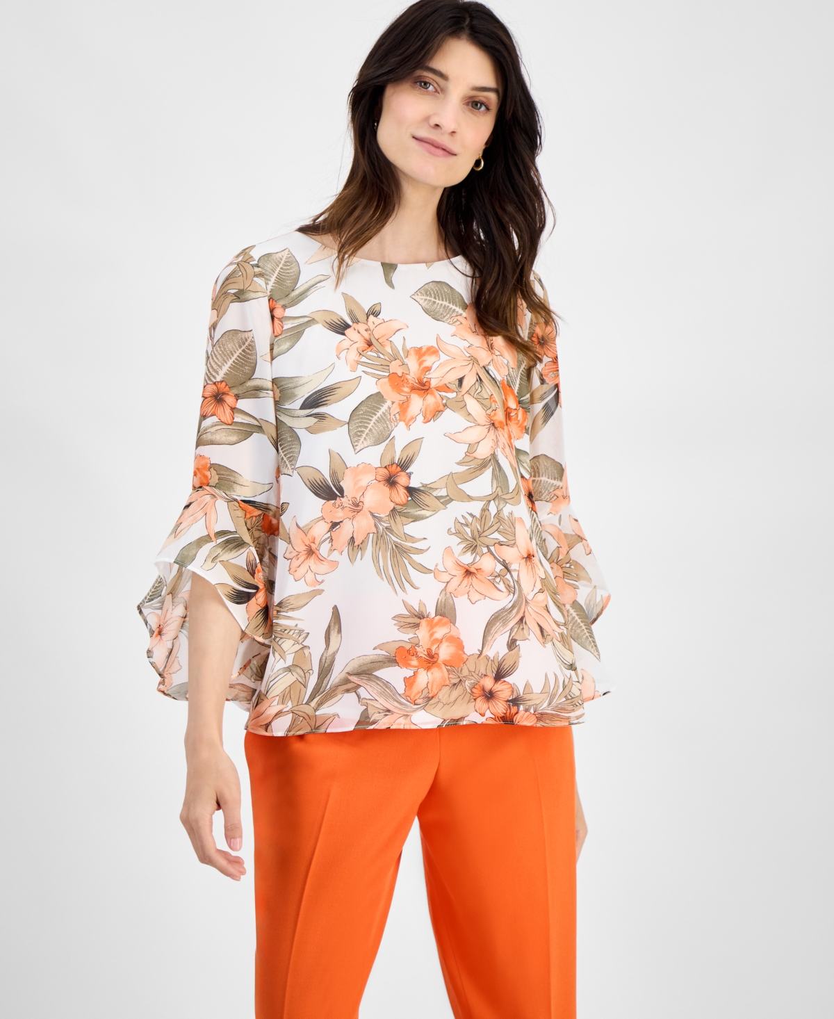 Women's Floral Boat-Neck Ruffle-Sleeve Blouse, Regular & Petite Sizes - Vanilla Ice Multi