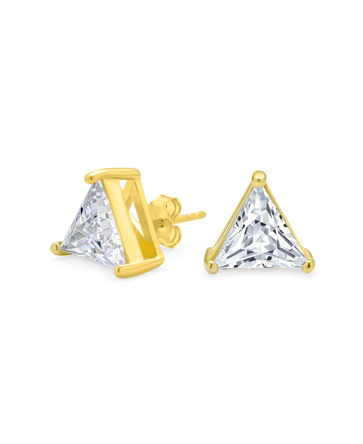 Triangle Shape Cubic Zirconia Cz Trillion Cut Stud Earrings Yellow Gold Plated .925 Sterling Silver 3 Prong Set - Gold