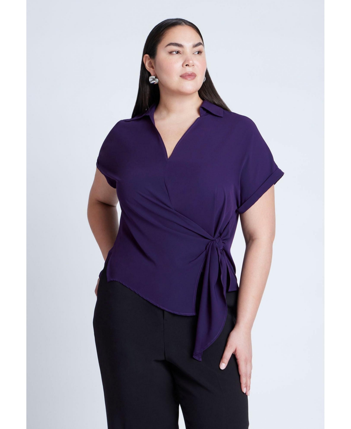 Plus Size Short Sleeve Collared Top With Waist Tie - Plum purple